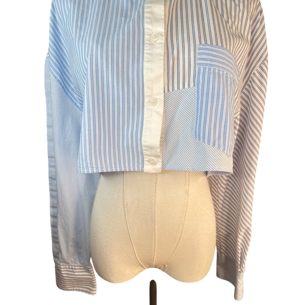 2/$30 ZARA M Cropped Blue & White Striped Cotton Button-Up Shirt Collared Neck - Picture 7 of 12